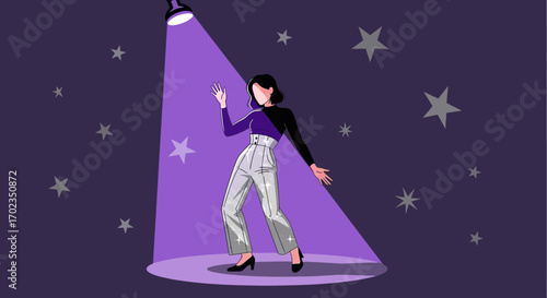 Animated Figure Dancing Under Spotlight with Starry Background and Vibrant Purple Hues