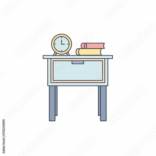 Minimalist illustration of a bedside table with an alarm clock and books.