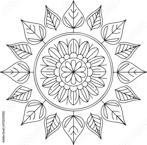 Elegant floral mandala design with delicate leaves for coloring books or creative projects
