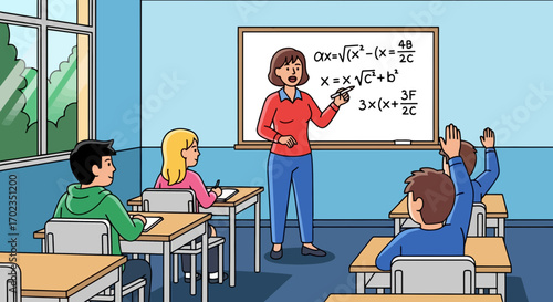 Engaging Classroom Scene Illustration: Ideal for Educational Materials, Websites, and Children's Book Illustrations Showcasing Math Lessons