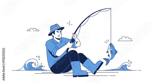 Angler Successfully Reels In Fish, Enjoying The Thrill Of The Catch On Open Water