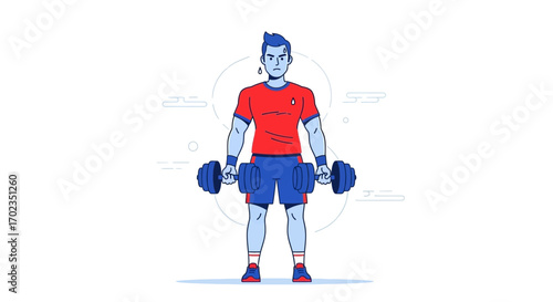 Animated Athlete Demonstrating Strength Training with Dumbbells in a Minimalist Style