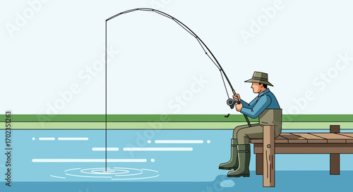 Angler Fishing With Rod And Reel While Sitting On Dock At Lakeshore Sunlight