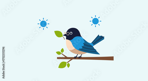 Animated Bird Grasping a Leaf Perched on a Branch with Embellished Sunlight Imagery