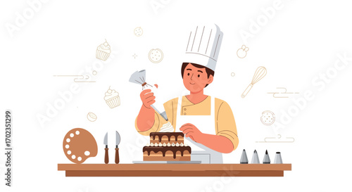 Animated Baker Decorating A Cake With Frosting Featuring Culinary Tools and Supplies
