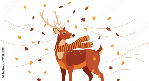 Animated Deer In Autumnal Scene Wearing Scarf, Surrounded by Leaves in Air