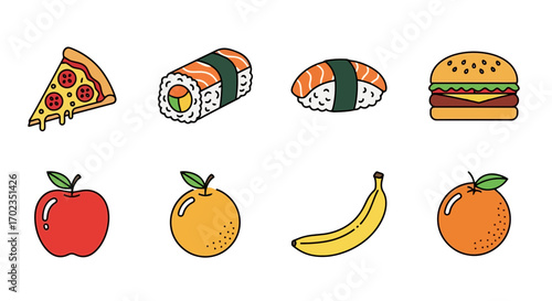 Simple Food Icons for Menu Design: Pizza, Sushi, Burger and Fruits, Ideal for Restaurant Websites, Apps, and Educational Materials for Healthy Eating Habits