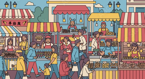Animated City Market Scene Illustration, Perfect for Promoting Cultural Events, Local Businesses, and Community Gatherings in Travel Guides