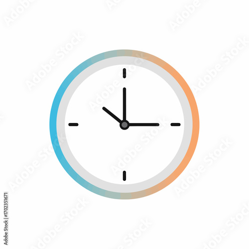 Minimalist clock illustration showing the time at 10:58, with a gradient blue to orange border.