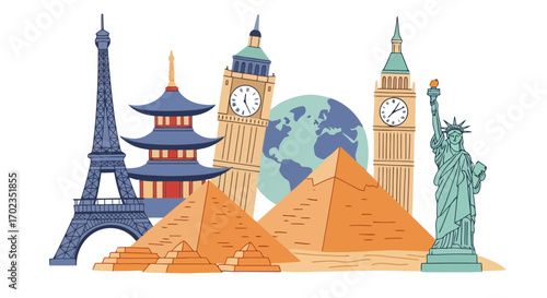 World Landmarks Illustration, Ideal for Travel Blogs, Educational Materials, and Tourism-related Design Projects, Showcasing Global Cultural Icons