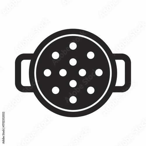 A simple black and white graphic icon of a round kitchen colander with handles, viewed from above.