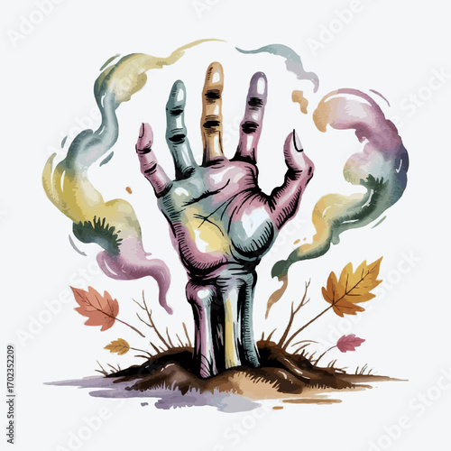 Artistic zombie hand emerging from ground with smoke and leaves  