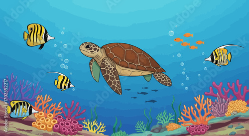 Sea Turtle and Reef Fish Illustration, Perfect for Children's Educational Materials, Marine Conservation Campaigns, and Underwater World Presentations