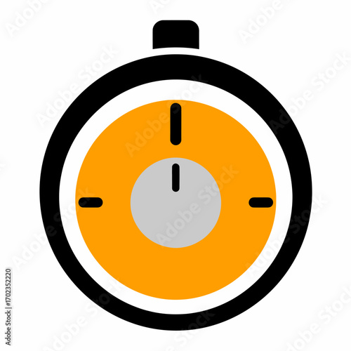 A stylized, flat design illustration of a stopwatch, featuring a black outer rim and a bright orange face with a gray center, indicating the passage of time.