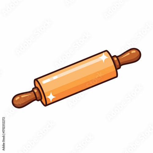 Cartoon illustration of a rolling pin, featuring wooden handles and a light-colored barrel, ready for baking.