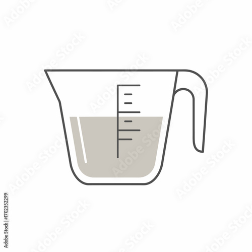 A minimalist line art icon of a kitchen measuring cup partially filled with liquid, showing measurement markings for cooking.