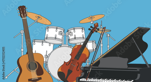 Colorful Musical Instruments Illustration, Ideal for Music Education Materials, Posters, Children's Books, and Promoting Musical Events and Performances
