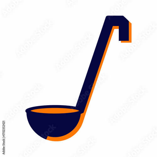 A simple graphic illustration of a dark blue soup ladle with an orange shadow, filled with soup on a white background.
