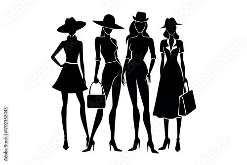 four elegant women wearing hats and dresses silhouette