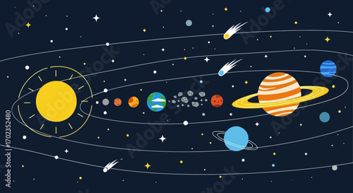 Colorful Solar System Vector Illustration, Perfect for Educational Materials, Children's Books, and Space-Themed Decorations to Enhance Learning and Creativity