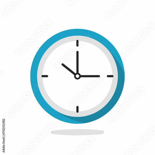 Simple blue analog clock showing the time, minimalist design, isolated on white.