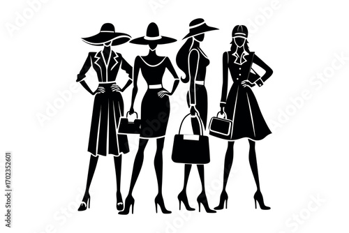four women in hats and dresses standing silhouette