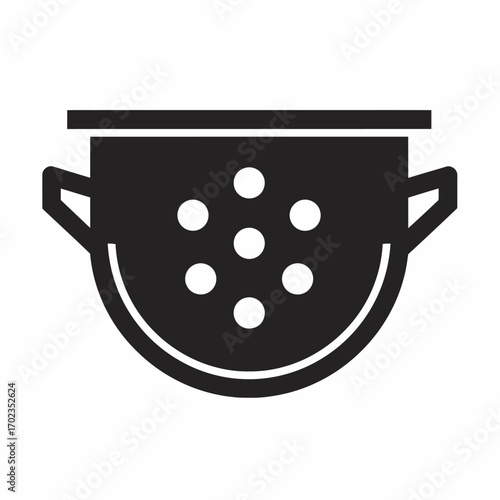 A simple black silhouette icon of a kitchen colander with handles and round drainage holes.