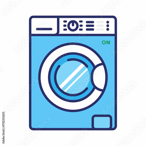 A blue and white washing machine with a round glass door and control panel, turned on.
