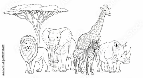 Detailed African Wildlife Illustration Featuring Lion, Elephant, Giraffe, Zebra, and Rhino, Perfect for Coloring Books and Educational Materials for Children