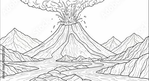 Erupting Volcano Line Art Illustration, A Geological Landscape Perfect for Educational Coloring Pages, Nature Books, and Scientific Visualizations