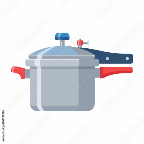 A metallic pressure cooker with red and blue handles, ready for cooking.