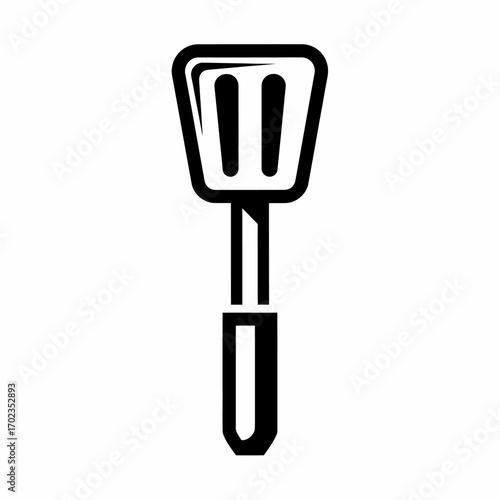 A simple, stylized black and white illustration of a kitchen spatula with a slotted head and a handle.