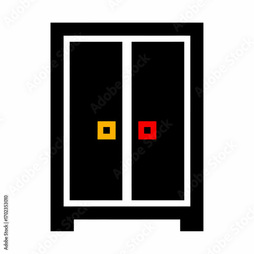 A minimalist graphic illustration of a black wardrobe with two doors, each featuring a small, brightly colored square handle.