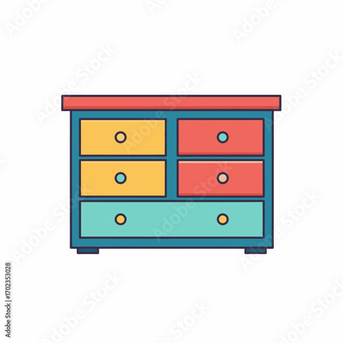 A colorful, flat illustration of a chest of drawers with six drawers, each featuring a circular knob.