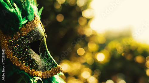 A vibrant carnival mask with golden-green feathers and sequins, set against tropical foliage.