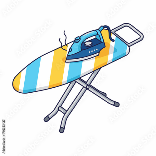 A blue steam iron sits on a striped ironing board with a puff of steam rising, illustrating a common household chore.