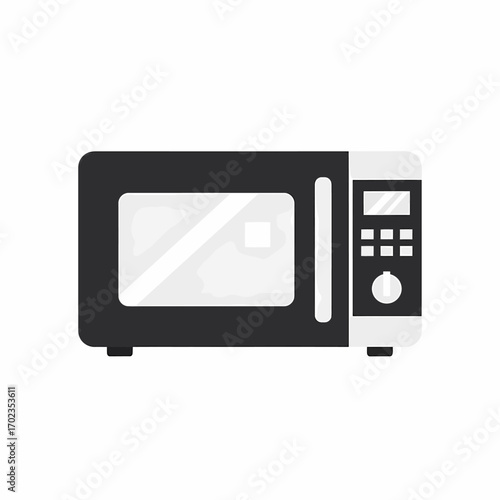Simple, black and white graphic of a modern microwave oven.