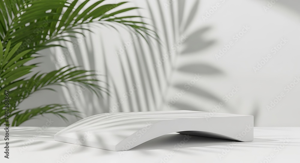 Minimalist Product Display Stand with Tropical Leaf Shadows Minimalist Product Display Stand with Tropical Leaf Shadows