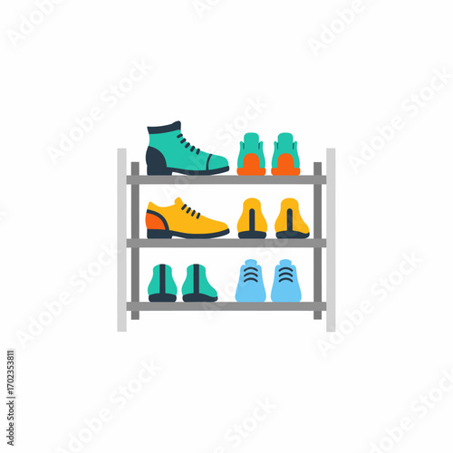 A colorful collection of various shoes and boots neatly organized on a three-tier shoe rack.