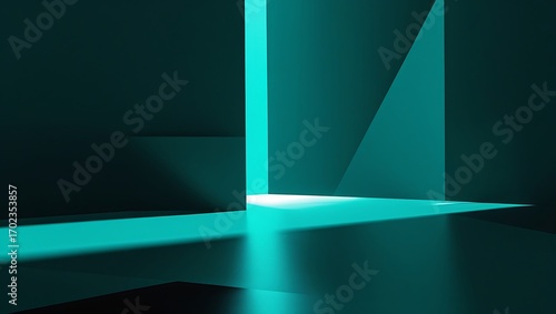 Minimal abstract scene in deep teal with sharp planes, crisp highlights, and a soft glow adding subtle depth and elegance.
