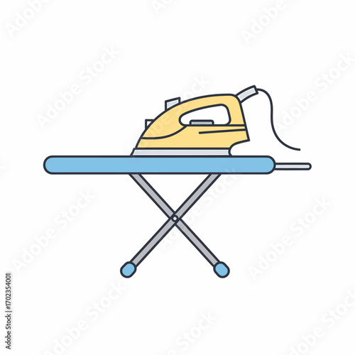 A yellow electric iron with a cord resting on a blue folding ironing board, depicted in a simple illustration.