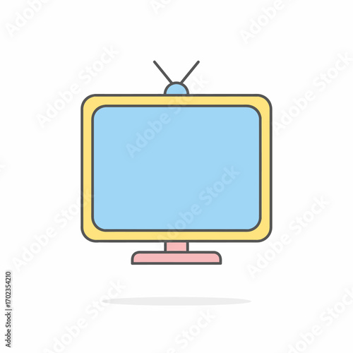 Simple, colorful, outlined illustration of a vintage television set.