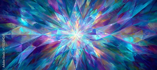 Abstract crystal background with light burst effect, iridescent gemstone texture, fantasy art design