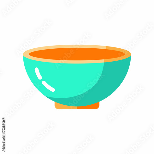 Teal and orange ceramic bowl, simple design, empty, side view.