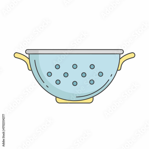 A light blue colander with yellow handles and a perforated base.