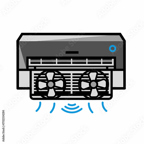 Air conditioner unit with dual fans blowing cool air, showcasing clean air technology.