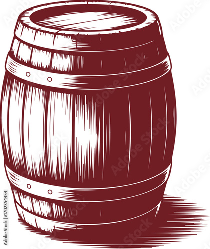 Hand-drawn style illustration of a rustic wooden barrel, symbolizing aging, craft, and traditional beverage storage