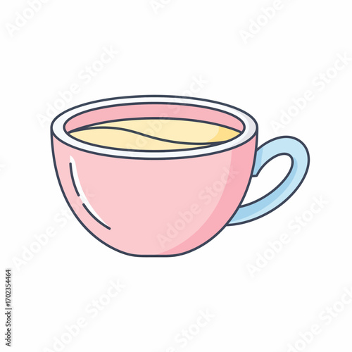 A pink teacup with light blue handle filled with a light yellow liquid, isolated on a white background.