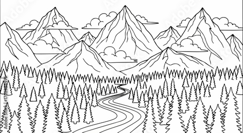 Serene Mountain Landscape Line Art Illustration, Perfect for Coloring Books, Educational Materials, and Relaxing Creative Projects