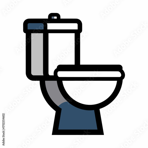 A clean, modern illustration of a white ceramic toilet with a dark blue base and accents, presented in a side profile view.